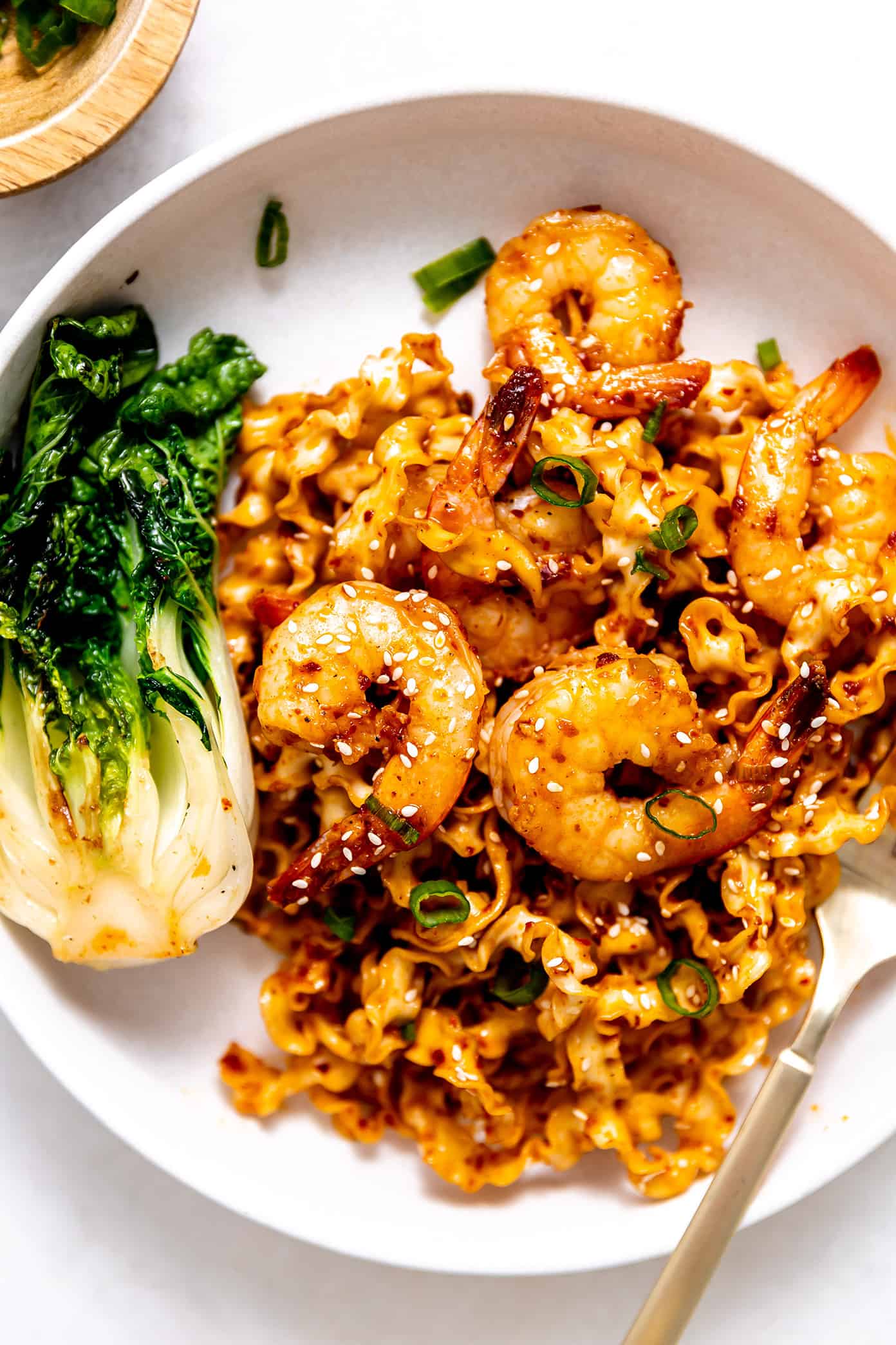 Garlic Chili Oil Noodles with Shrimp and Bok Choy on Plate