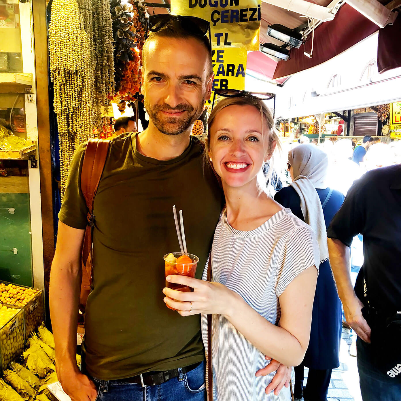 Pickle juice in Istanbul spice market food tour