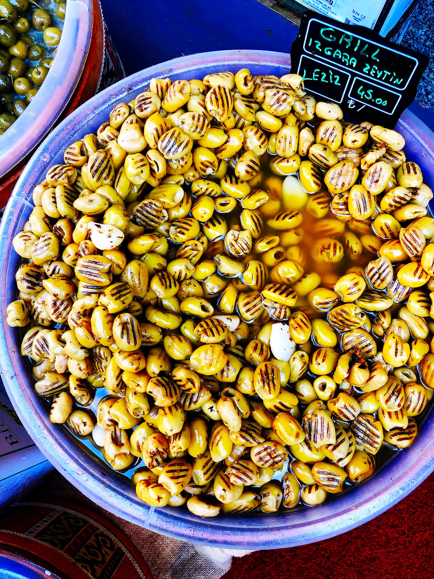 Grilled olives in Istanbul spice market