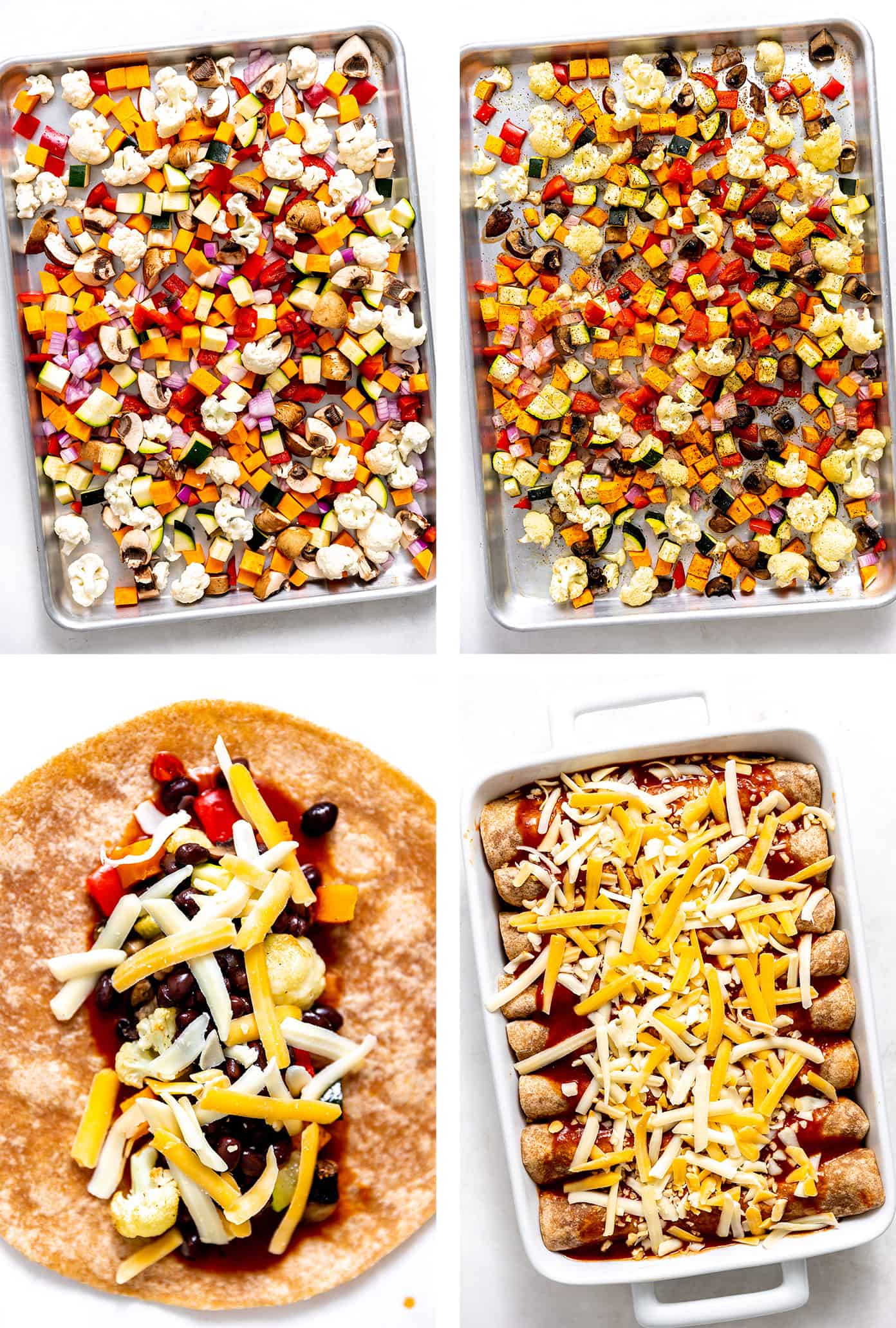 Step by step photos showing how to make roasted veggie enchiladas